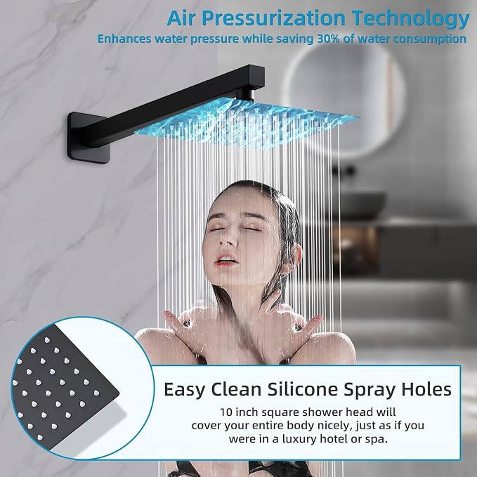 Matte Black Shower Faucet 12 Inch Set with Tub Spout, Shower Head and Handle with 2 Hooks Rain System Square Wall Mount for Bathroom