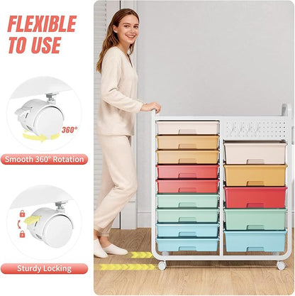 Rolling Storage Cart with 14 Drawers, Storage Organizer Cart with Tabletop and Pegboard,Utility Cart for Living Room, Classroom, Bedroom,Bathroom,Dorm,Office (Rainbow)