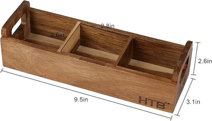 HTB Small Wooden Tea Bag Box 2PCS, 3 Compartments Acacia Wood Tea Bag Chest with Handle, Mini Countertop Divided Storage Container for Beverage Supplies, Sugar, Sweeteners, Individual Packets