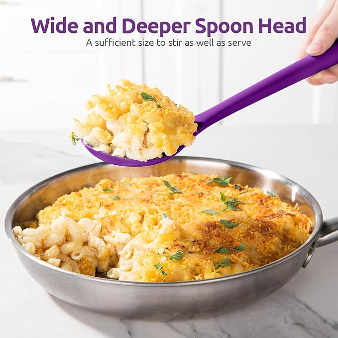 600ºF Heat Resistant Slotted Spoon: U-Taste 13.3in Solid Kitchen Cooking Spoon, Nonstick Food Grade Large & Long Rubber Utensil for Mixing, Serving, Stirring, Basting, Frying, Draining (Purple)