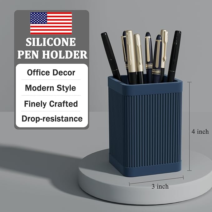 Aesthetic Pen Holder For Desk, Modern Silicone Pencil Holder, Stylish Office Desk Decor, Made of 5 mm Thickened Premium Silicone, Office Desk Organizer And Accessories (Dark Blue)