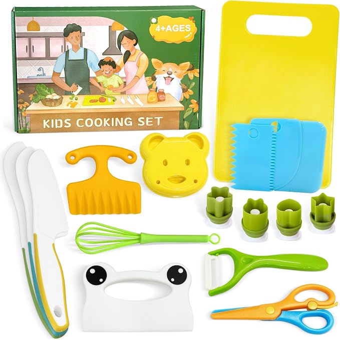 Chanking 17 Pieces Kids Safe Knife Set for Real Cooking Child-Friendly Plastic Chef Tools Montessori Kitchen Toys for Toddlers Birthday Gifts for Boys and Girls Ages 4+ (B)