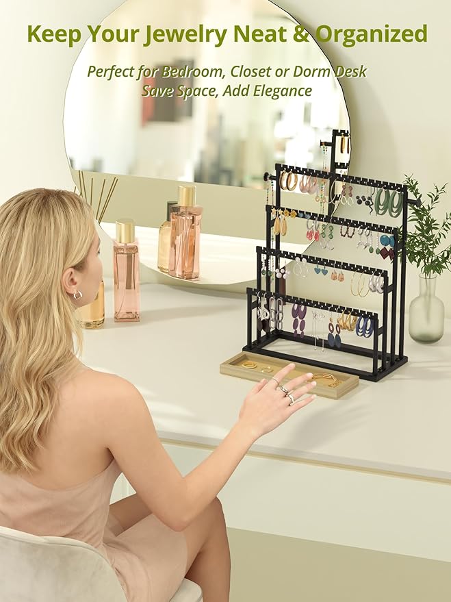 Earring Holder Organizer, 4-Tier Metal Jewelry Display Stand with Wooden Storage Organizer, Large Earring Holder for Studs, Hoops, and Dangles, Modern Jewelry Organizer for Women