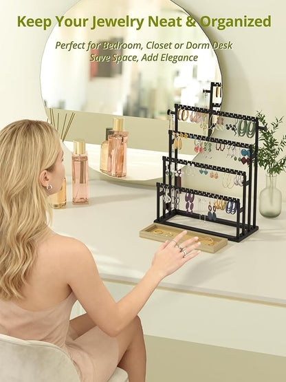Earring Holder Organizer, 4-Tier Metal Jewelry Display Stand with Wooden Storage Organizer, Large Earring Holder for Studs, Hoops, and Dangles, Modern Jewelry Organizer for Women