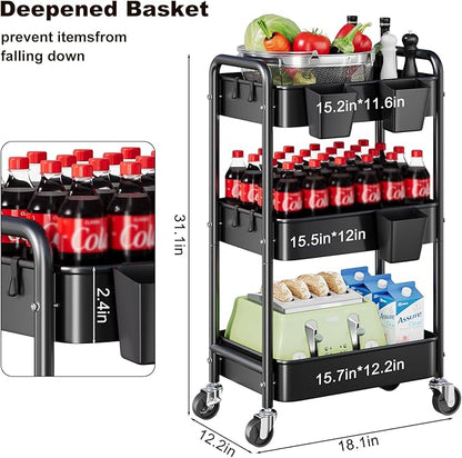 3 Tier Rolling Cart Metal with Wheels, Black Three Tiered Art Cart Organizer on Wheels, Storage Utility Trolley Carts for Kithcen, Craft, Nail, Lash, Makeup, Salon,Bedside, Bathroom, Office, Snack