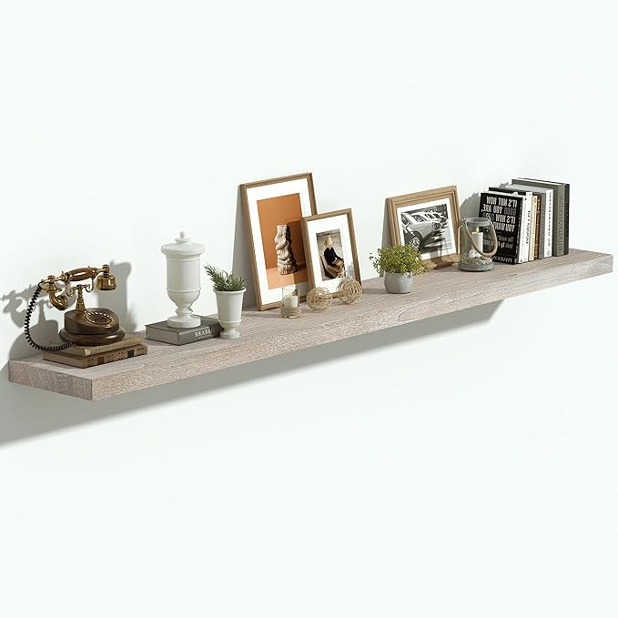 Vivelove Elm Wood Floating Shelves, Wooden Shelves for Wall with Invisible Bracket for Living Room Bedroom Bathroom Office Book, Rustic Farmhouse Decor Storage & Display, 55 Inch Set of 1- Grey