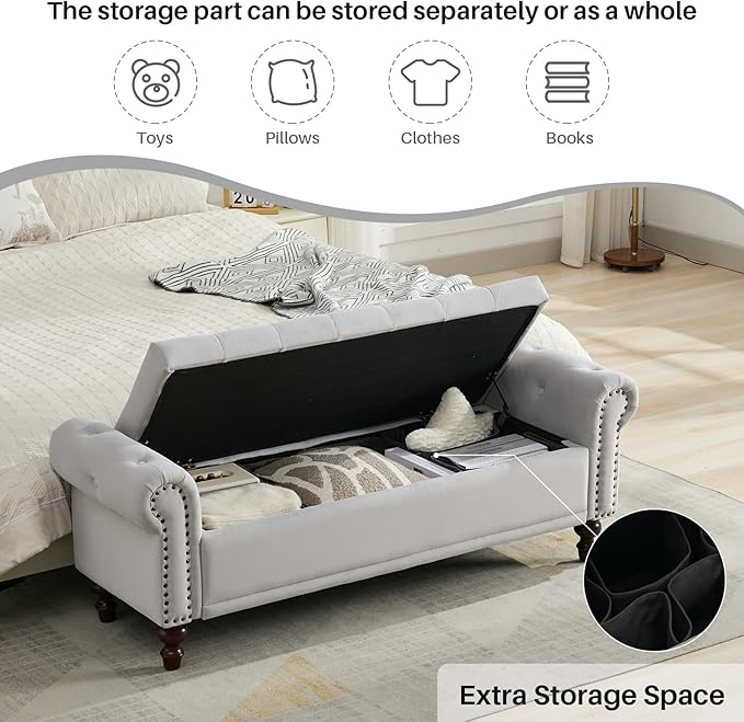 58.1" Storage Bench Upholstered Velvet End of Bedroom Bed Bench Ottoman with Tufted Cushioned Rolled Arm Large Storage Space for Reading Living Room Entryway, Light Grey