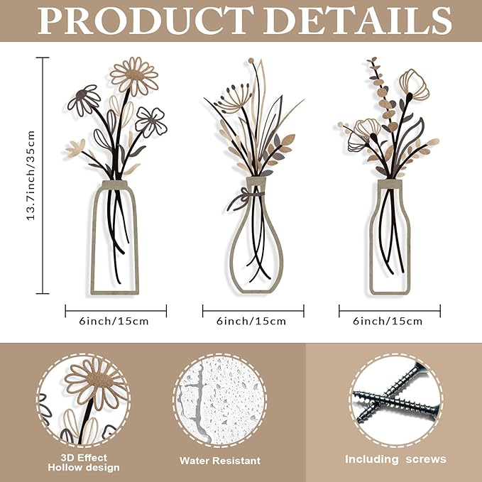 Pigort 3 Pieces Metal Flowers Wall Arts - Rustic Farmhouse Style Décor Metal Wall Art Black Minimalist Flower Natural Themed Wall Decors for Home Bedroom Dining Room Housewarming (Brown)