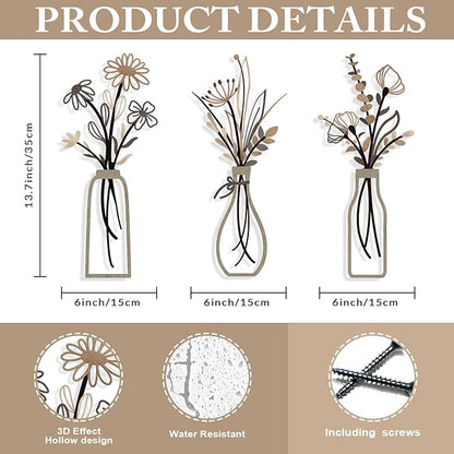 Pigort 3 Pieces Metal Flowers Wall Arts - Rustic Farmhouse Style Décor Metal Wall Art Black Minimalist Flower Natural Themed Wall Decors for Home Bedroom Dining Room Housewarming (Brown)
