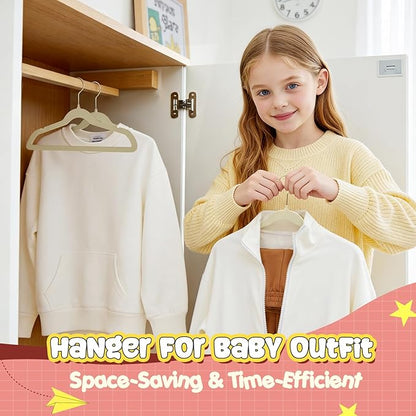 Korpai 30 Pack Kids Velvet Hangers 14 Inch, Non-Slip, Ultra Slim,Space-Saving Kids Hangers with 360° Swivel Hook, 7LBS Capacity, Kids Clothes Hangers Ideal for Youth's Dresses/Shirts/Coats, Beige
