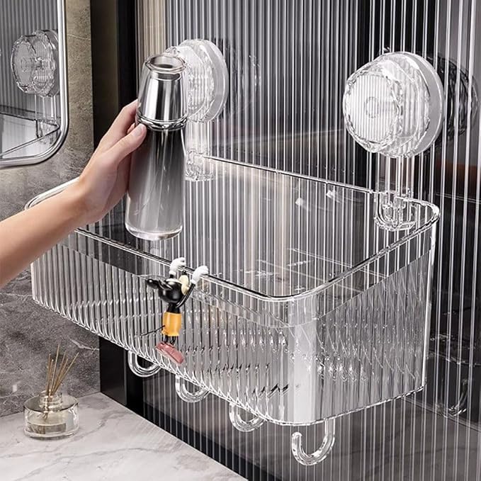 No-Drill Bathroom Storage Suction Cup Storage Box, Removable, Freely Adjustable Vacuum Suction Cup Storage Box, Large Capacity & Strong Load-Bearing, Hanging Shower Organizer (Transparent)
