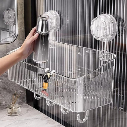 No-Drill Bathroom Storage Suction Cup Storage Box, Removable, Freely Adjustable Vacuum Suction Cup Storage Box, Large Capacity & Strong Load-Bearing, Hanging Shower Organizer (Transparent)