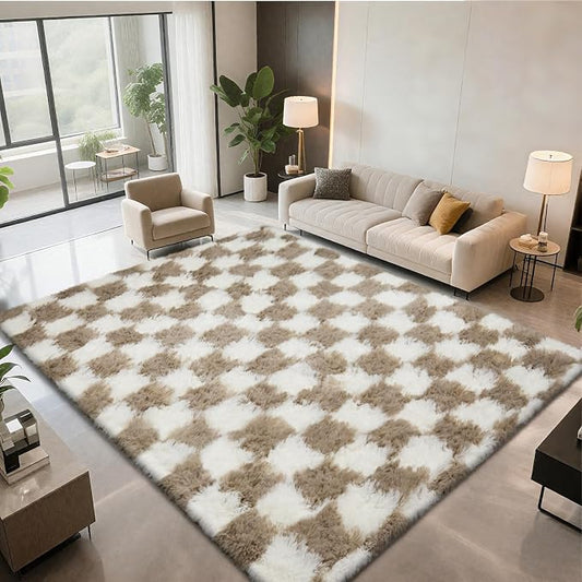 4x6 Checkered Area Rugs for Bedroom, Fluffy Beige and White Checkered Rug Fuzzy Shag Shaggy Carpets for Living Room, Soft Plush Furry Rug for Teen Room Dorm Home Decor