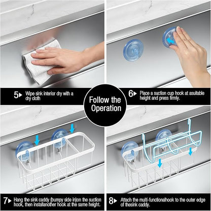 HOKEMOM Kitchen Sink Caddy Organizer with Sponge Holder & Multifunctional Hooks - Dual Suction Cups (18.5lb Hold), 2.0mm Stainless Steel White Rust-Proof, Non-Slip, 7.09" x 4.33" x 2.76"