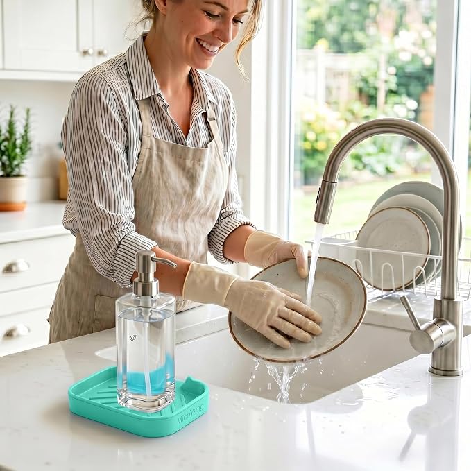MicoYang Silicone Soap Dish with Drain Spout, Self-Draining Sink Organizer Tray for Bathroom and Kitchen, Sponges, Dispensers and Soap Holder, Non-Slip and Dishwasher Safe, Mint (Compact, 4.9"×3.2")