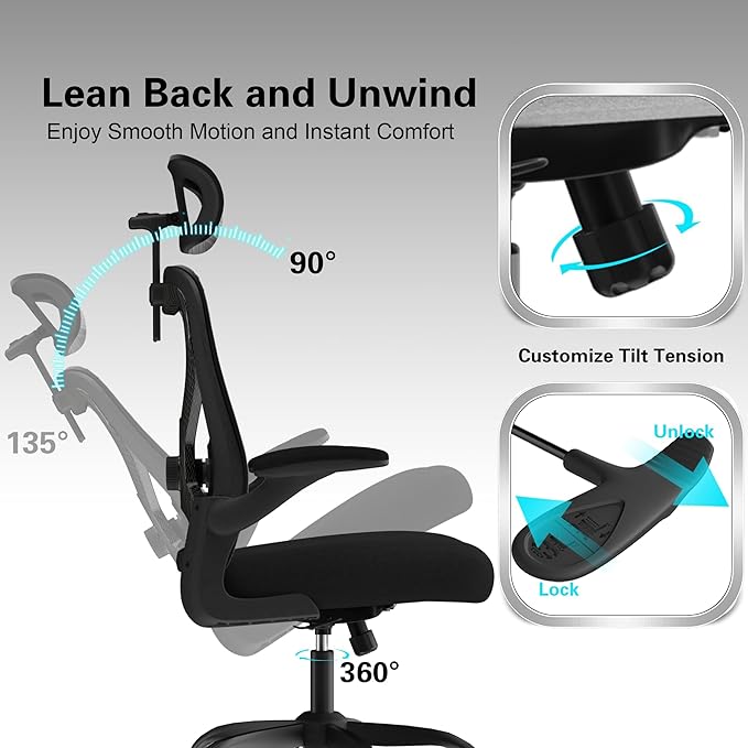 Office Chair for Back & Neck Pain Relief, Virgin Foam Seat, 2D Adjustable Lumbar & 3D Headrest, Flip-Up Armrests, Tilt & Rock for Relaxation (English, Black/Carbon Fiber)
