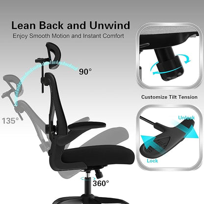 Office Chair for Back & Neck Pain Relief, Virgin Foam Seat, 2D Adjustable Lumbar & 3D Headrest, Flip-Up Armrests, Tilt & Rock for Relaxation (English, Black/Carbon Fiber)