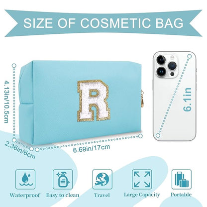 Small Personalized Initial A-Z Preppy Patch Makeup Bag,PU Chenille Letter Travel Cosmetic Pouch with Zipper,Blue Cute Toiletry Bag,Gift Ideal for Teen Girls Women Teacher Bridesmaid,Letter R