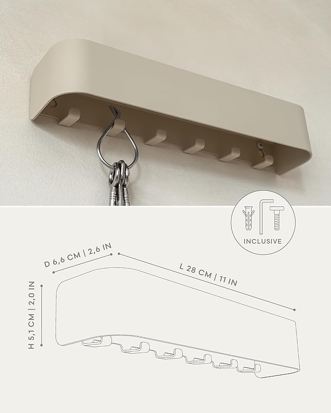 Kazai. Key Holder for Wall 'Tone' | Minimalist Key Hooks Design from Berlin | Modern Key Hanger with Metal Shelf | Key Hook Wall Mounted as Hallway Furniture | Taupe