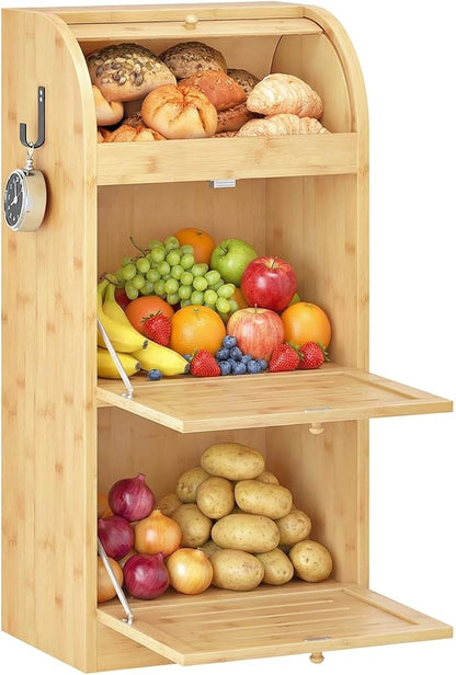 HOOBRO Potato Storage Bin, Large Bamboo Bread Box for Kitchen Counter, 3 Tier Onion Organizer with Grocery Section, Decorative Fruit and Vegetable Box for Kitchen, Natural YL14MB01