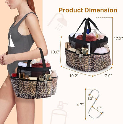 F-color Mesh Shower Caddy Portable - Shower Bag for College Dorm, Leopard | Quick Dry, with S Hook, College Dorm Room Essentials for Camp, Gym, Travel, Freshmen, Camping, Bathroom, Shower Tote