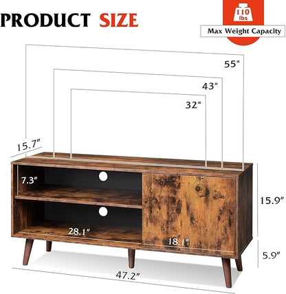 WLIVE TV Stand for 55 Inch TVs, Entertainment Center with Storage Cabinet, Mid-Century TV Stands for Living Room and Bedroom, 50" TV Console, Brown | with Storage Cabinet