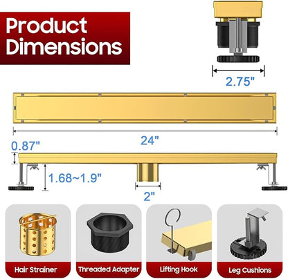 DLONE Linear Shower Drain | 24" AISI 304 Stainless Steel Shower Drain, Brushed Gold Linear Drain with Tile Insert Panel & Adjustable Feet, Long Rectangle Shower Floor Drain in Bathroom, Balcony etc