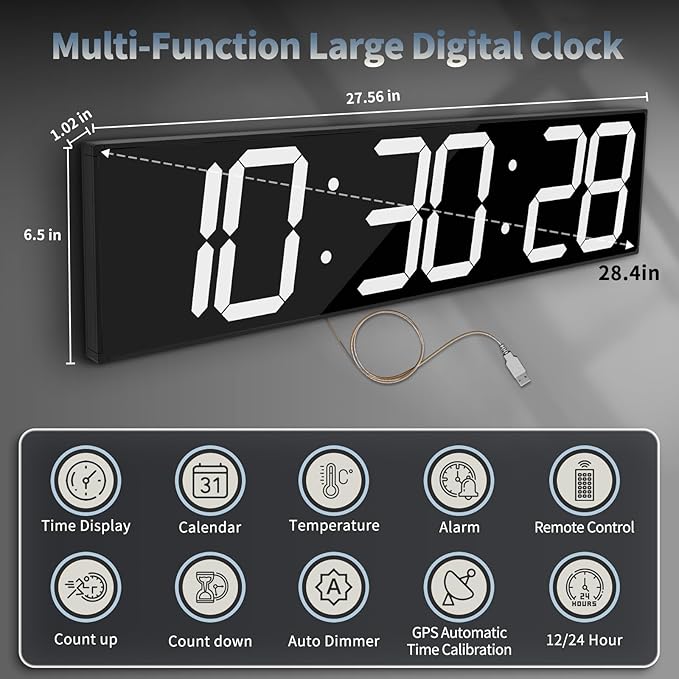 CHKOSDA 28.4'Large Digital Wall Clock,Automic Digital Clock with Alarm,Clendar and Termperature,Auto Time Sync with Easy Operation, Big Timer with Countdown and Countup (White)