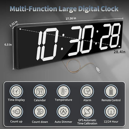 CHKOSDA 28.4'Large Digital Wall Clock,Automic Digital Clock with Alarm,Clendar and Termperature,Auto Time Sync with Easy Operation, Big Timer with Countdown and Countup (White)
