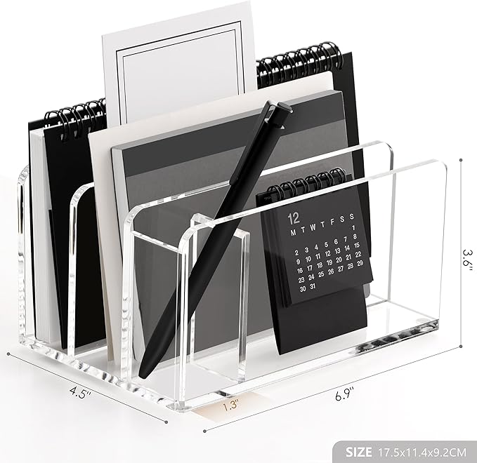 SANRUI Acrylic Mail Sorter Desktop Organizer with Pen Holder, 3 Compartments Clear Small File Script Letter Document Storage for Desk Bill Filling Envelope Holder Office, Home, School Organization