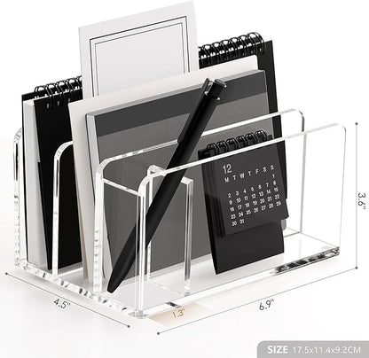SANRUI Acrylic Mail Sorter Desktop Organizer with Pen Holder, 3 Compartments Clear Small File Script Letter Document Storage for Desk Bill Filling Envelope Holder Office, Home, School Organization