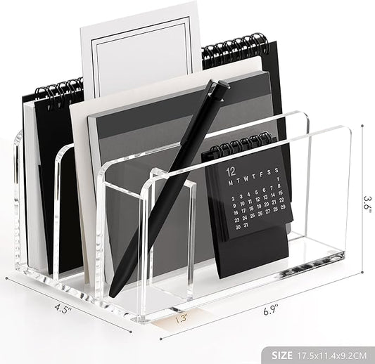 SANRUI Acrylic Mail Sorter Desktop Organizer with Pen Holder, 3 Compartments Clear Small File Script Letter Document Storage for Desk Bill Filling Envelope Holder Office, Home, School Organization