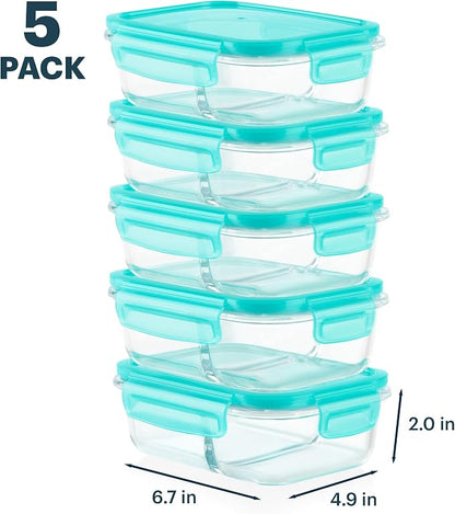 Pyrex Glass MealBox (5-Pack, 2.3 Cup) Divided Compartments with Locking Lids, For Meal Prepping and Portioning, BPA Free Microwave Dishwasher Safe