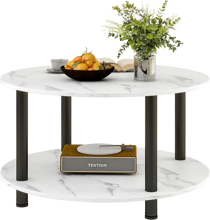 23.6" Round Coffee Table, 2-Tier Small Circle Coffee Table with Storage, Modern Center Accent Table with Metal Frame, Side Table End Table for Small Space, Living Room, Office, White