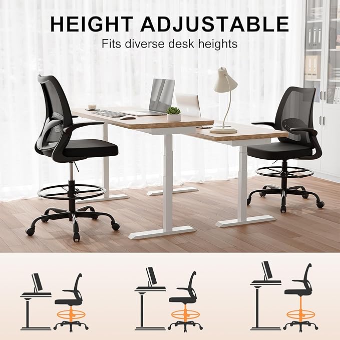 Tall Drafting Chair Ergonomic Home Office Desks Chairs Standing Desk Chair with Flip-up Armrests Adjustable Height Breathable Mesh Office Chair with Lumbar Support and Adjustable Footrest Ring Black