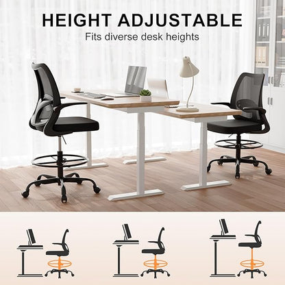 Tall Drafting Chair Ergonomic Home Office Desks Chairs Standing Desk Chair with Flip-up Armrests Adjustable Height Breathable Mesh Office Chair with Lumbar Support and Adjustable Footrest Ring Black