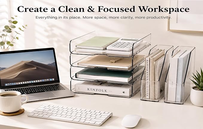DCA Clear Acrylic Desk Organizer Set, 4 Tier Letter Tray with 2 Magazine File Holders, Clear Paper Organizer for Office, Home, School, Desktop File Storage for Documents, Books & Supplies