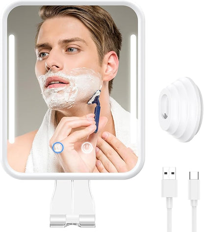 Lighted Shower Mirror Fogless for Shaving with Light, 5000mAh Heated Fogless Mirror for Shower, Detachable Razor Holder and Suction Cup for Wall, NO-Drilling, Waterproof for Bathroom (White)