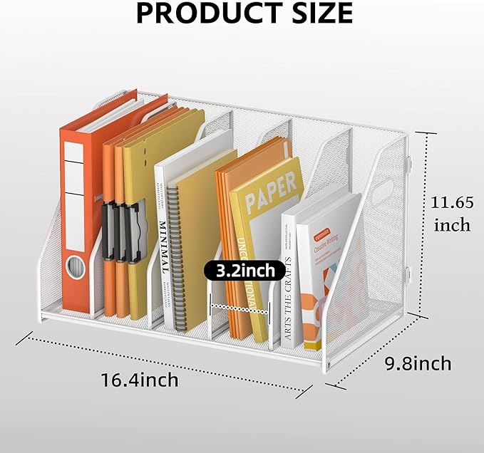 SUPEASY Binder Organizer, Magazine File Holder with 5 Vertical Compartments Rack, Metal Desk File Organizer & Binder Holders, Magazine Organizers for Office Desktop, Home, School,Classroom (White)