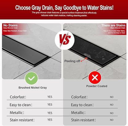 DLONE Linear Shower Drain | 28" AISI 304 Stainless Steel Linear Drain, Gun Gray Shower Drain with Tile Insert Panel & Adjustable Feet, Rectangle Shower Floor Drain in Bathroom, Balcony, etc