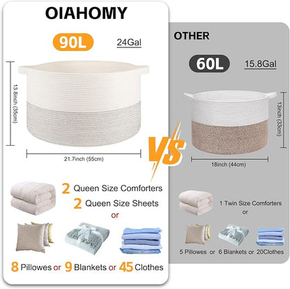 OIAHOMY 90L XXXLarge Blanket Basket for Living Room, 21.7" x 13.8" Woven Cotton Rope Laundry Basket for Organizing Pillows, Decorative Stuffed Animal Toy Storage for Nursery, Black and White