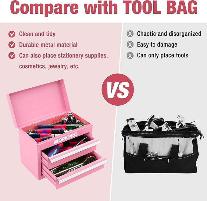 WORKPRO Mini Metal Tool Box with 2 Drawers and Top Storage, Small Tool Chest with PVC Liners and PP Feet Pads, Cold Rolled Steel Toolbox with Magnetic Tab - Pink Ribbon