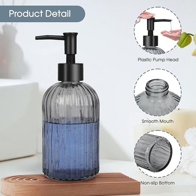 Topsky Glass Soap Dispenser with Plastic Pump, 400ml Liquid Hand Soap Dispenser, Rustproof Pump for Kitchen & Bathroom, Great for Lotions, Essential Oil, Liquid Soaps,Gray