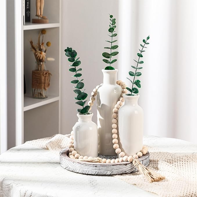 5 Pcs Rustic Country Tabletop Centerpieces Decor Set of 3 Boho Ceramic Vases with Wooden Serving Tray Wood Bead Garland Tassels Table Holder for Home Decorations(Gray)