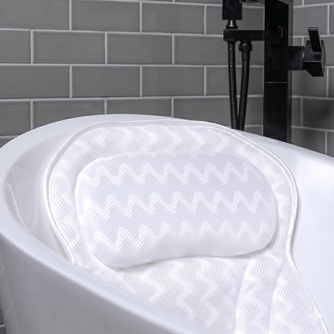 Bath Pillow Bathtub Pillow Back Neck Support Pillow, Spa Cushion for Tub, Relaxing Headrest Bath Pillow, Portable Washable Bathtub Accessories with 3D Air Mesh Thick Soft Cushion (Bright White)