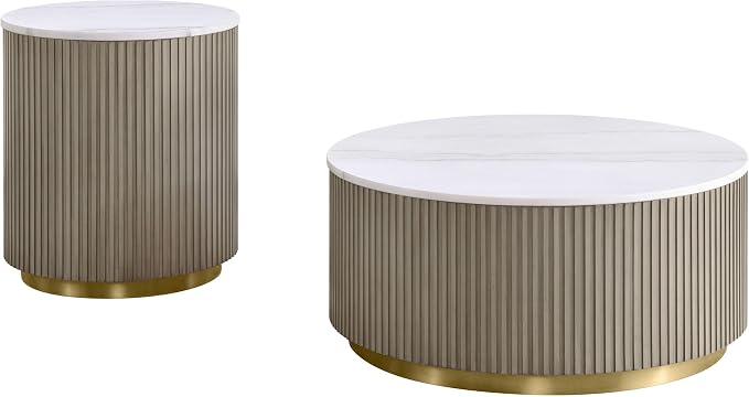 Coaster Home Furnishings - Jason - Wood and Metal - 2-Piece Coffee Table Set with Marble Tops, Reeded Drum Bases, and Gold Ring Accents - Living Room - Greige and White Marble - 711418-S2