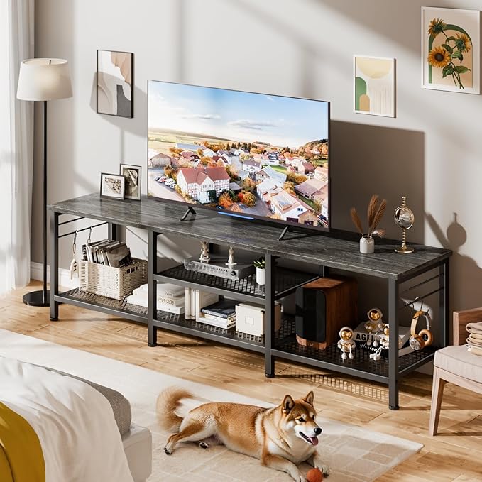 Furologee TV Stand for TVs up to 70 Inch, 63 Inch Entertainment Center with Open Storage Shelves, Television Stands with Soundbar Shelf for Living Room, Bedroom, Black Oak