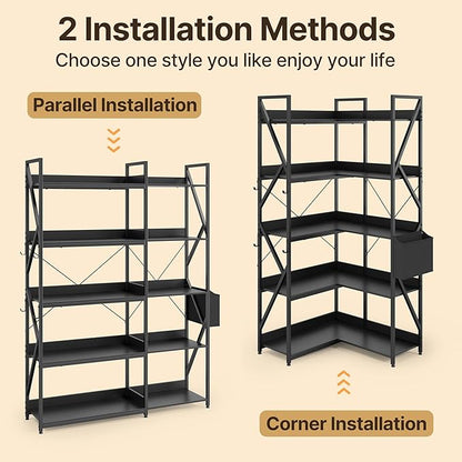 Gizoon 65" H Bookshelf, Reversible Corner Bookshelf, 5 Tier Industrial Bookcase, with 4 Hooks, Metal Frame and Wooden Board, Freestanding Display Shelf for Living Room, Kitchen, Home Office, Black