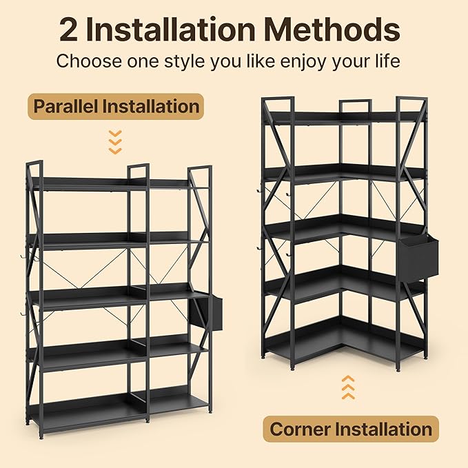 Gizoon 5 Tier Industrial Bookshelf, 65" H Reversible Corner Bookshelf, Bookcase, Freestanding Display Shelf, with 4 Hooks, a Storage Basket, Metal Frame, for Living Room, Kitchen, Office, Black