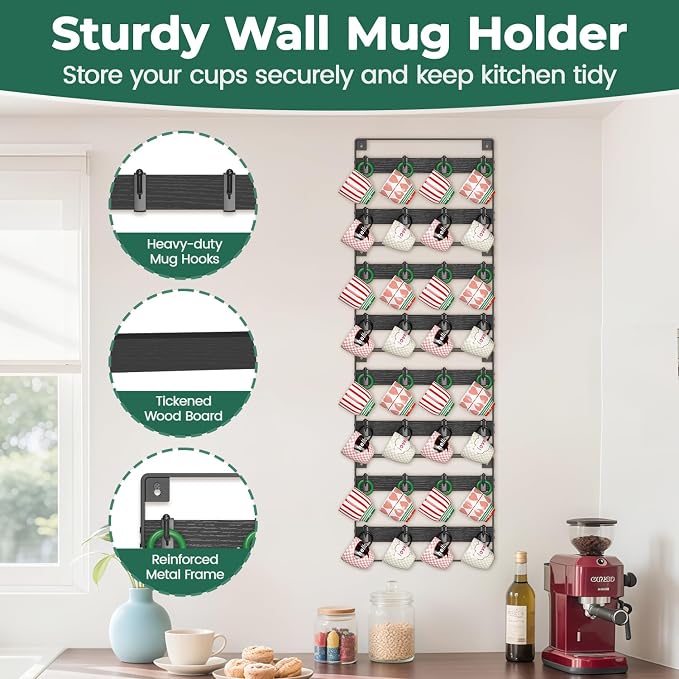 EsLuker.ly Mug Holder Hanger Rack Wall Mounted Wooden 4 Pack Coffee Cup Storage Organizer Display Shelf with 32 Movable Plastic Hooks, Ideal for Mug Collectors, Black